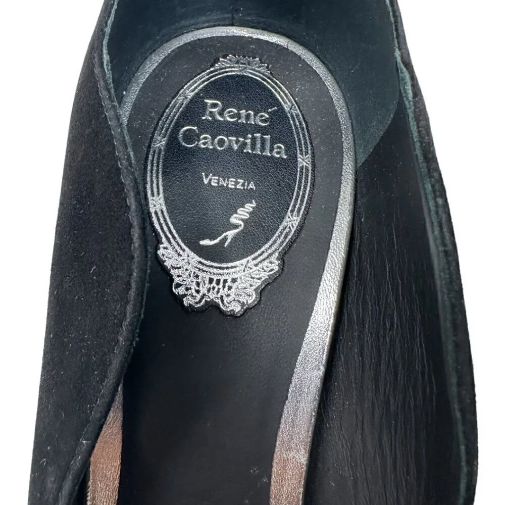 Rare Rene Caovilla Tessa Black Suede Scalloped Edges Pointed Toe Heels Pumps 9
